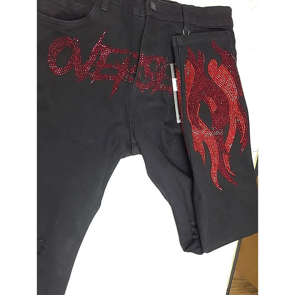 GVAPI Overseaz Drip Jeans Mens 30‎ Flame Rhinestone Distressed Limited Edition